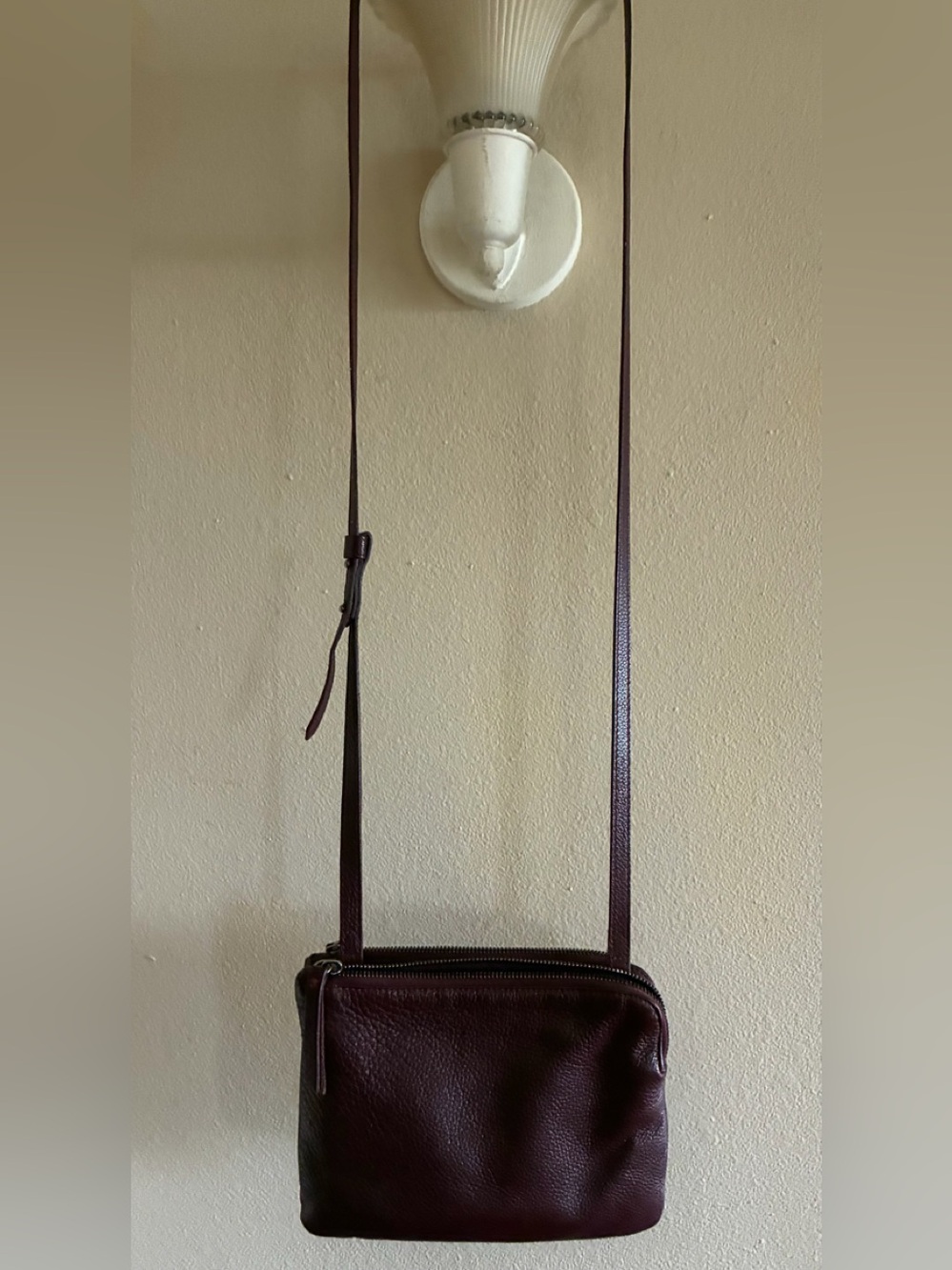 Eileen Fisher Burgundy Pebbled Leather Zip Top Crossbody Bag Silver Hardware